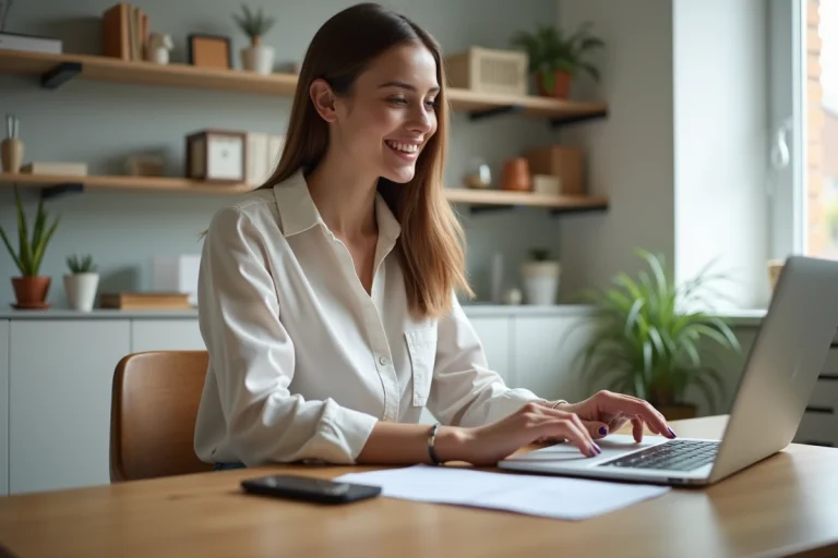 Femme en tenue décontractée travaillant sur un ordinateur dans un bureau lumineux