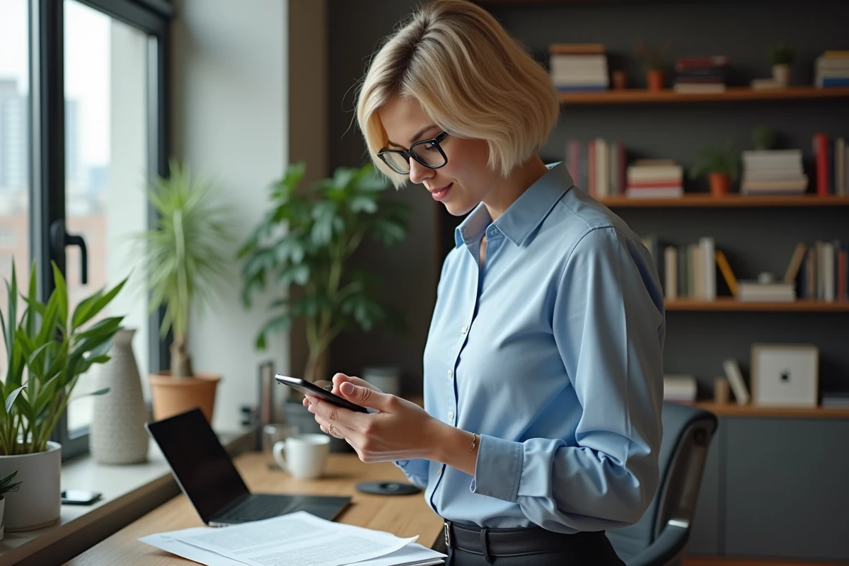 Femme vérifiant ses messages dans son bureau à la maison