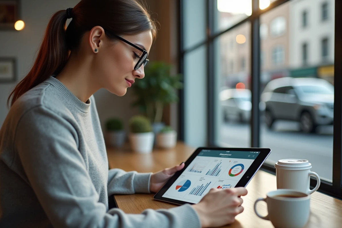 Femme lisant des comparatifs de sites dans un café urbain