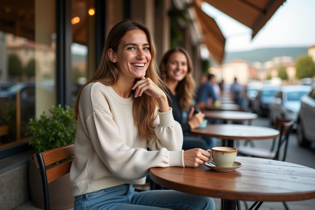 Jeune femme souriante buvant cafe en plein air a Veron