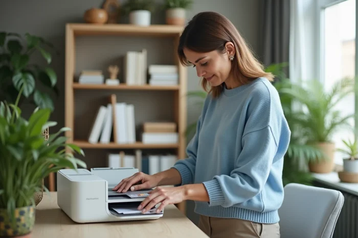 Femme en pull bleu changeant une cartouche d'encre dans une imprimante