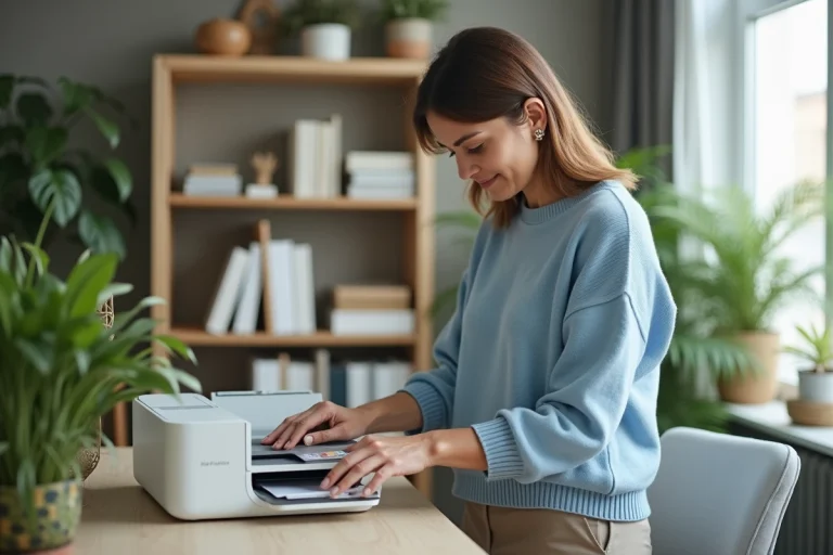 Femme en pull bleu changeant une cartouche d'encre dans une imprimante