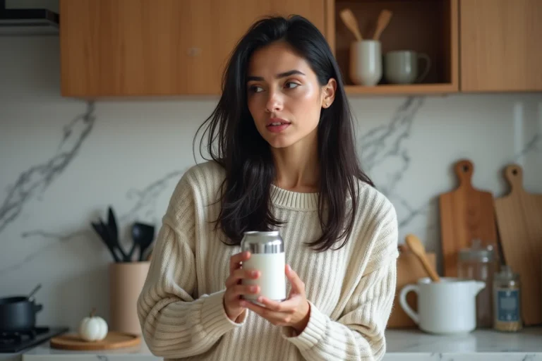 Femme avec chantilly dans une cuisine moderne