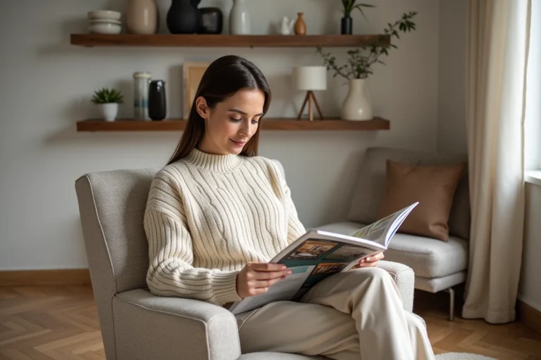 Femme élégante dans un salon design et chaleureux