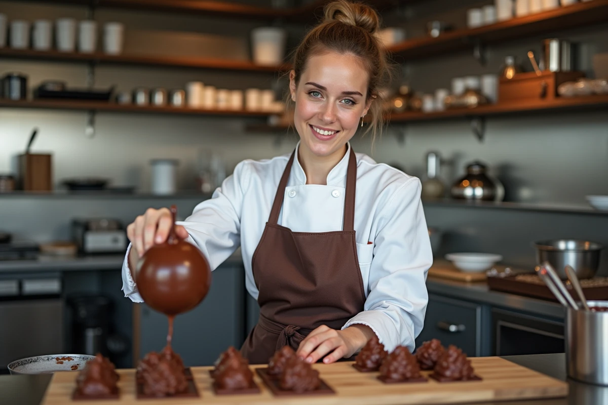 Jeune femme chocolatier versant du chocolat fondu dans un moule
