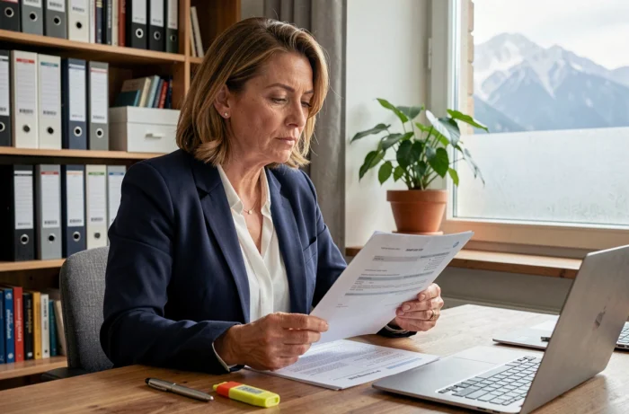 Femme quadragénaire comparant des contrats de mutuelle santé dans un bureau à domicile en Isère