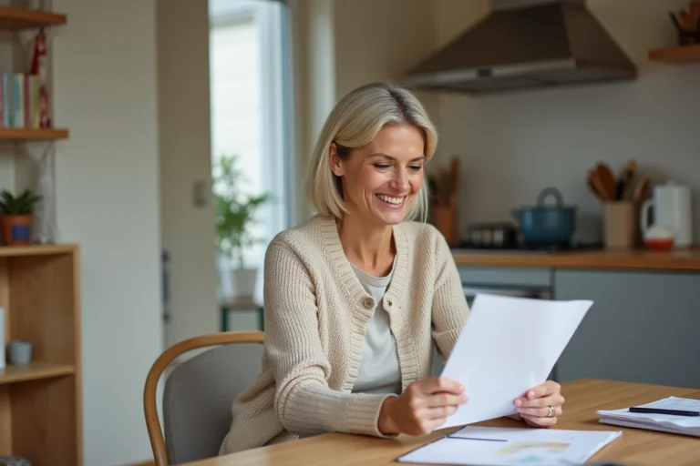 Femme d'âge moyen consulte des papiers dans sa cuisine lumineuse