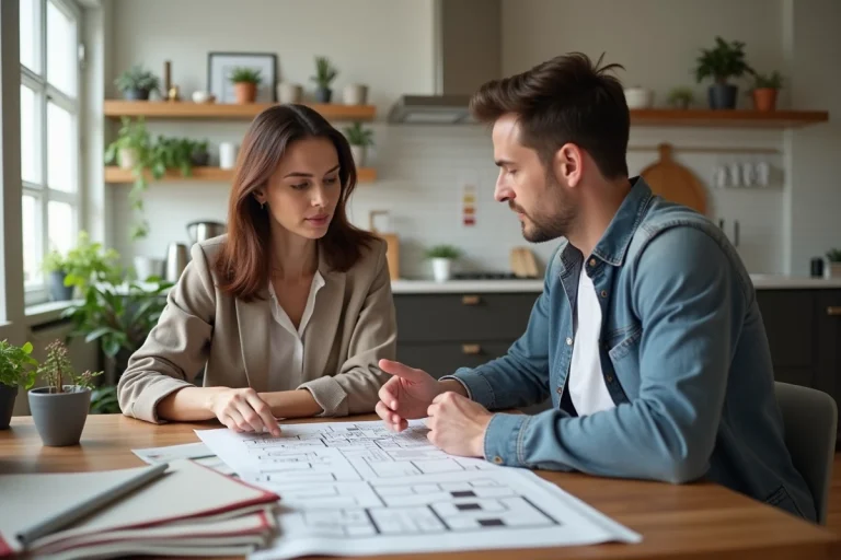 Femme en discussion avec décorateur dans une cuisine moderne