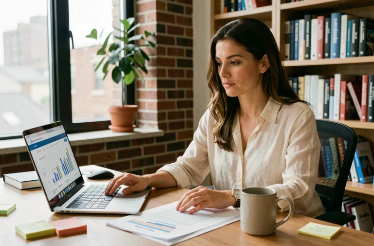 Femme entrepreneur analysant des données de business en ligne sur un laptop dans un bureau à domicile moderne