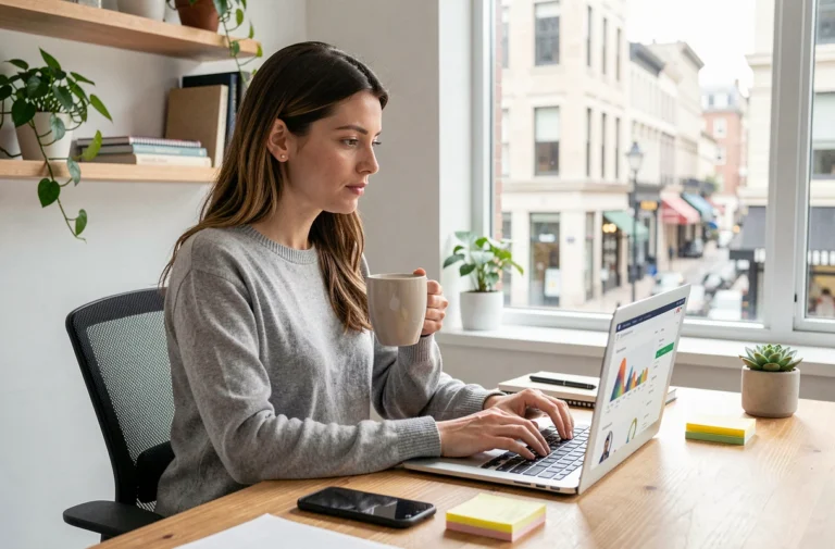 Femme entrepreneur travaillant sur son business en ligne depuis un bureau à domicile moderne
