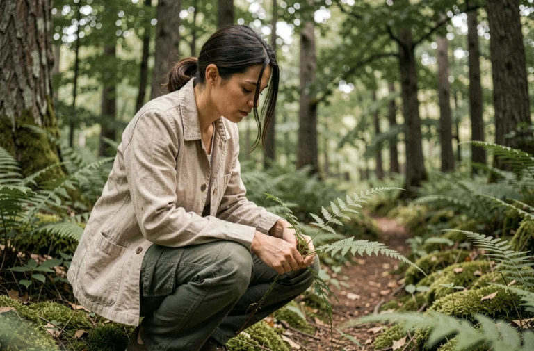 Femme explorant une forêt tempérée en observant des fougères sauvages le long d'un sentier naturel