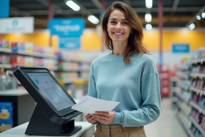 Femme souriante avec documents dans un supermarche