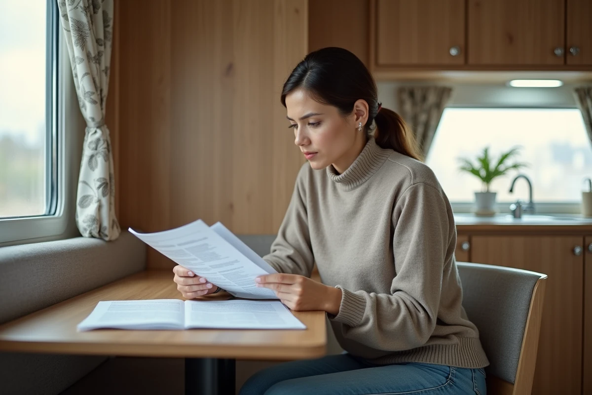 Femme regardant des papiers dans un mobile home cosy