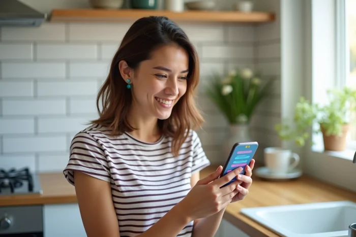 Jeune femme souriante jouant à un jeu de quiz sur son smartphone dans une cuisine lumineuse et moderne