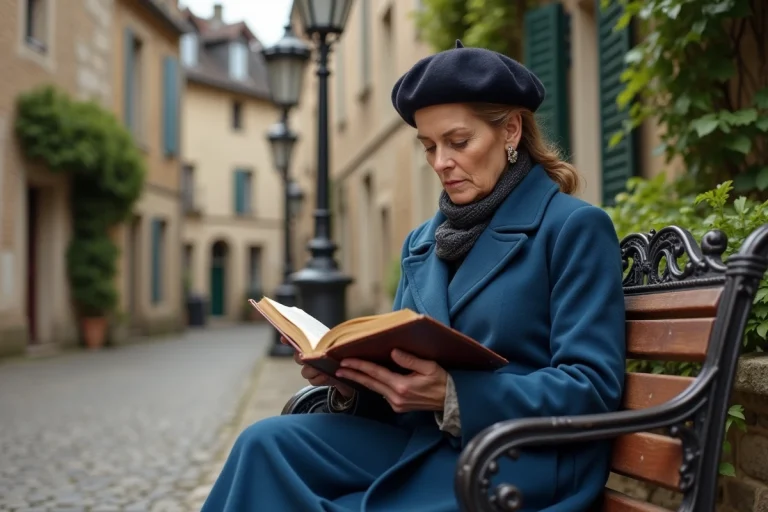 Femme élégante lisant un livre ancien dans un village français