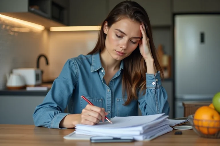 Jeune femme organisant ses reçus à la maison