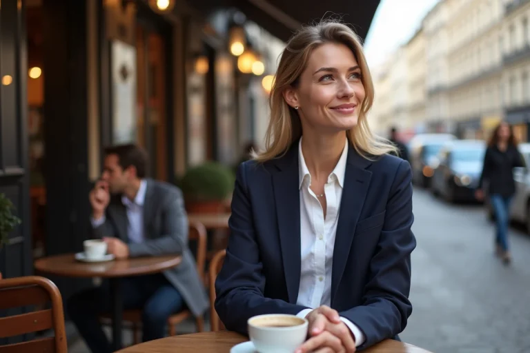Jeune femme parisienne élégante sirotant un café