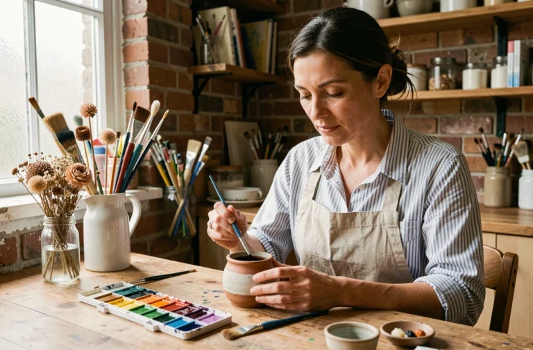 Femme adulte peignant un pot en céramique à une table en bois dans un atelier créatif fait maison
