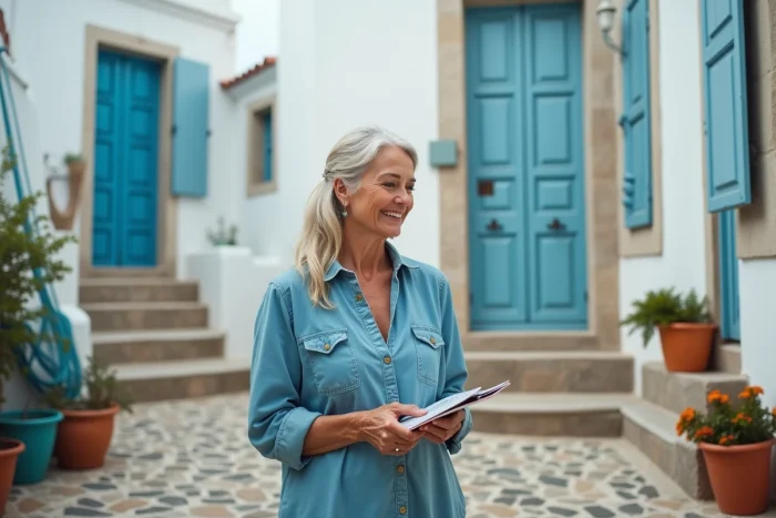 Femme portugaise en vêtements bleus devant maison de pêcheur
