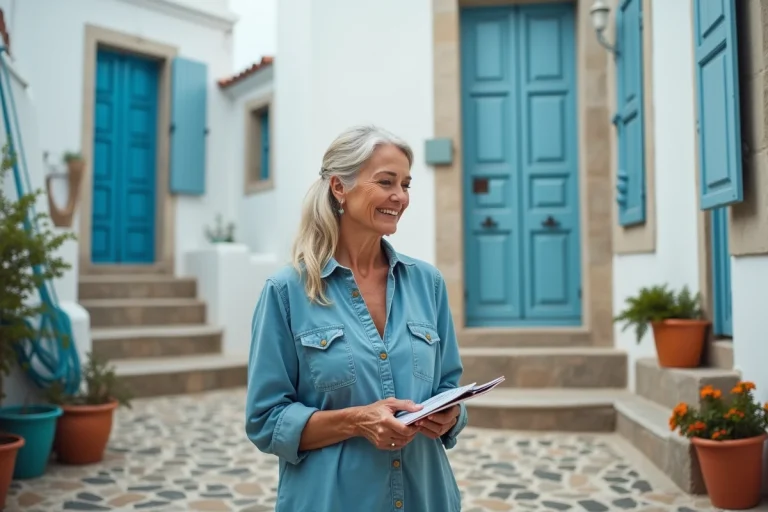 Femme portugaise en vêtements bleus devant maison de pêcheur