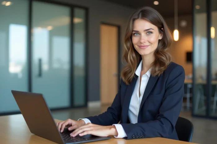 Femme professionnelle en blazer navy travaillant sur un ordinateur