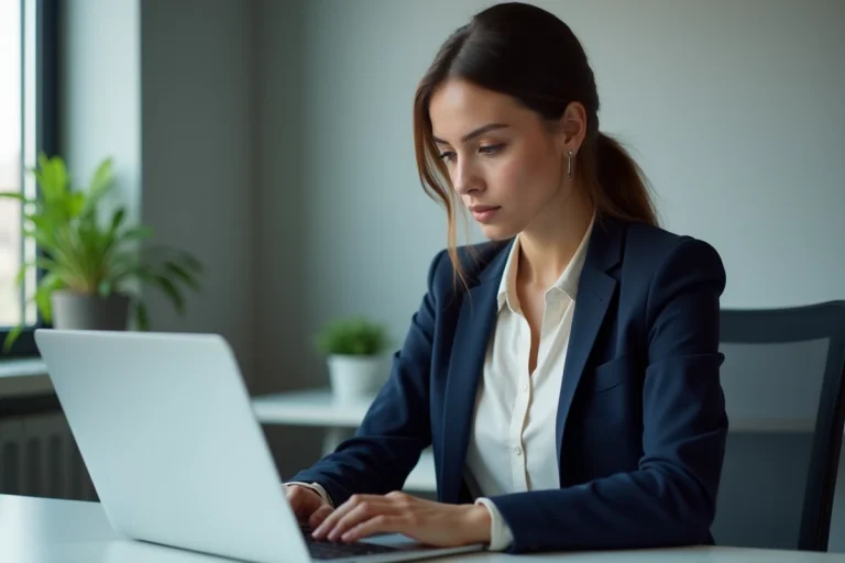 Femme professionnelle lisant une politique de confidentialité au bureau