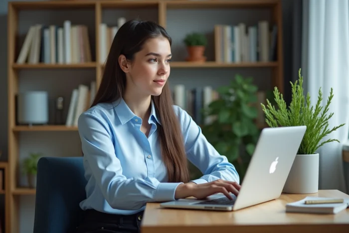 Jeune femme en bureau recherchant emploi sur ordinateur