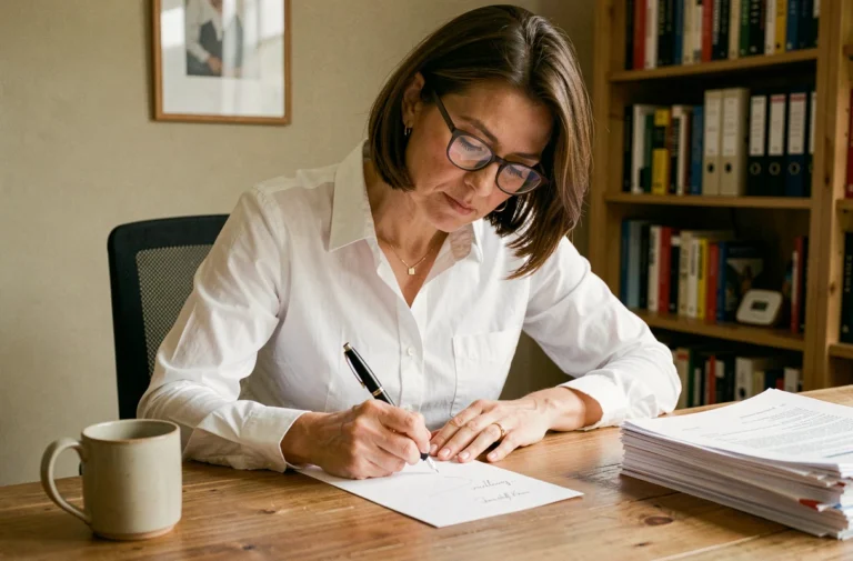 Femme professionnelle rédigeant une lettre de témoignage à son bureau avec un stylo plume