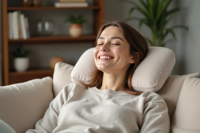 Femme souriante utilisant un coussin cervical dans un salon chaleureux