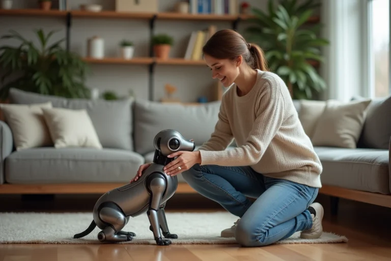 Femme âgée caressant un robot chien dans un salon chaleureux