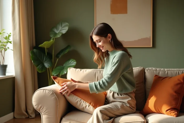 Femme souriante arrangeant des coussins dans un salon lumineux