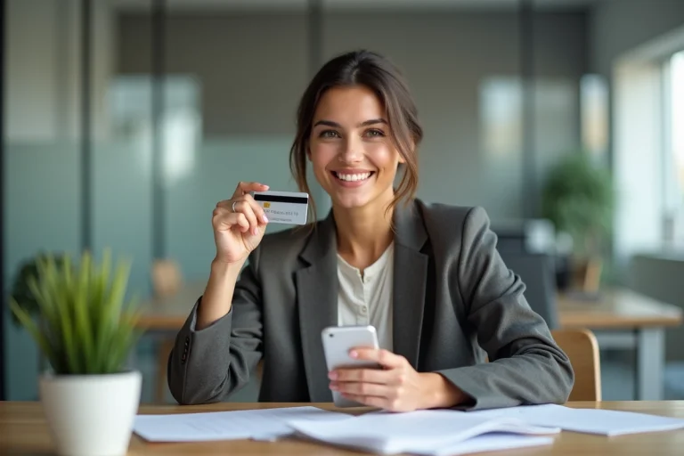 Femme souriante avec carte bancaire et smartphone dans un bureau moderne