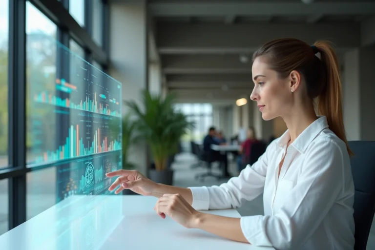 Femme utilisant une tablette technologique transparente dans un bureau moderne en 2024, illustrant les tendances technologiques innovantes