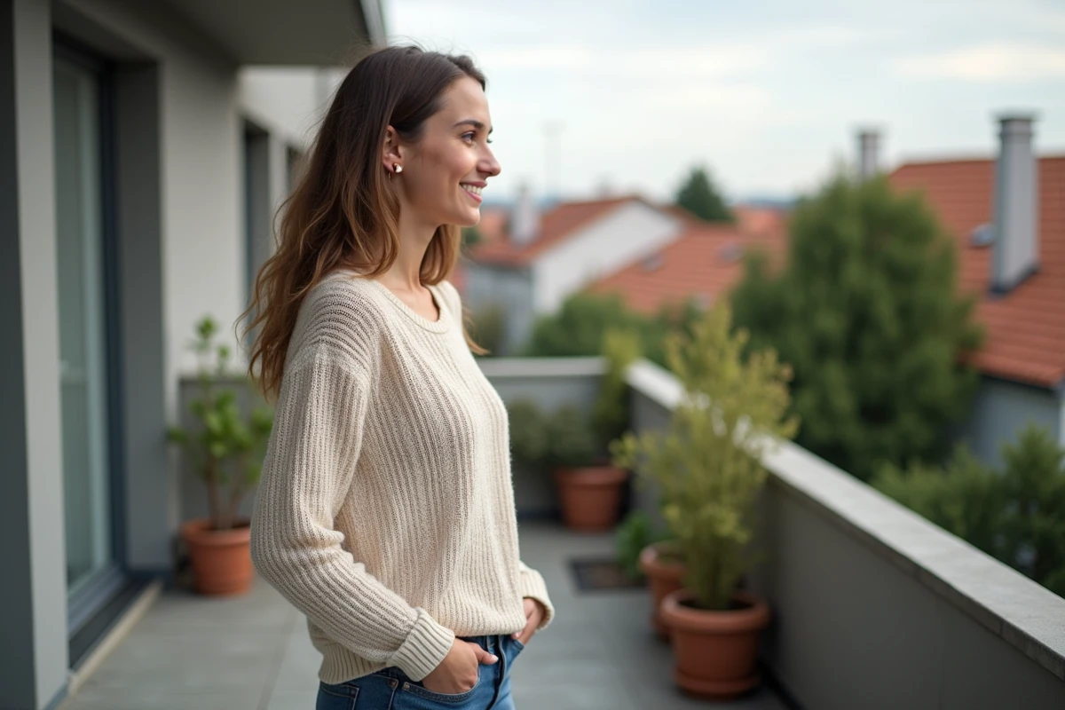 Jeune femme sur une terrasse résidentielle regardant le quartier