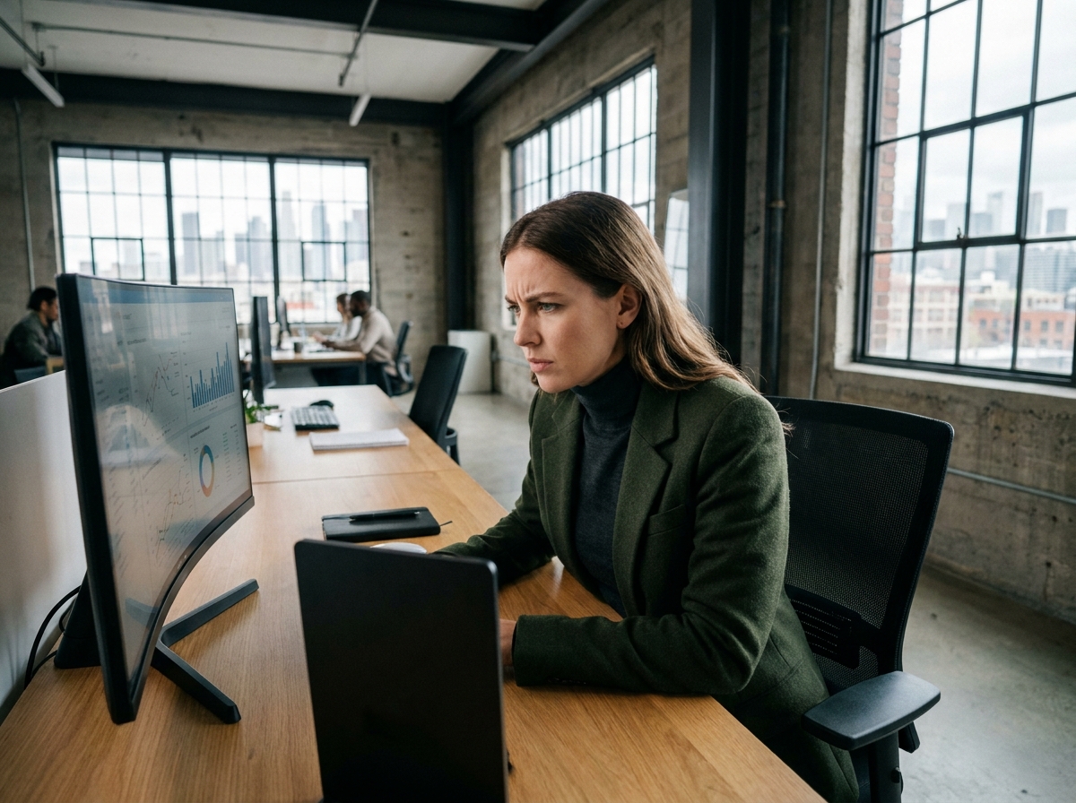 Jeune femme concentrée devant son ordinateur au bureau