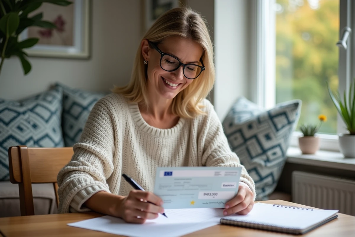 Femme souriante vérifiant un cheque de 10 000 euros à la maison