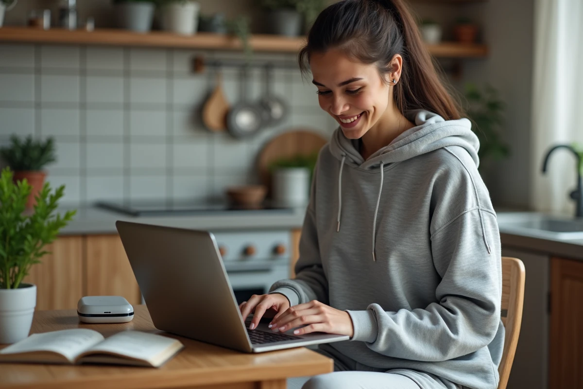 Jeune femme vérifiant sa connexion internet dans la cuisine