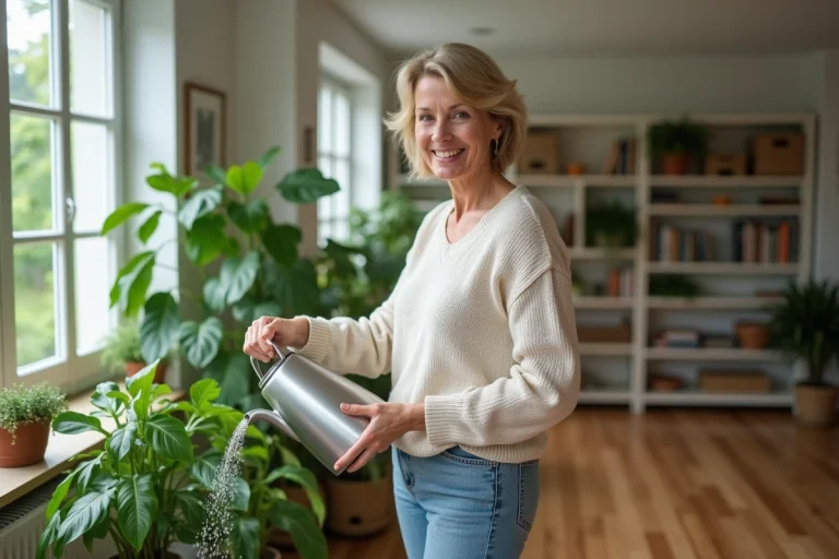 Femme souriante arrosant des plantes vertes dans un salon lumineux