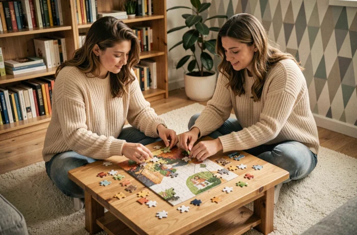 Deux femmes assemblant un puzzle sur un tapis dans un salon au style scandinave