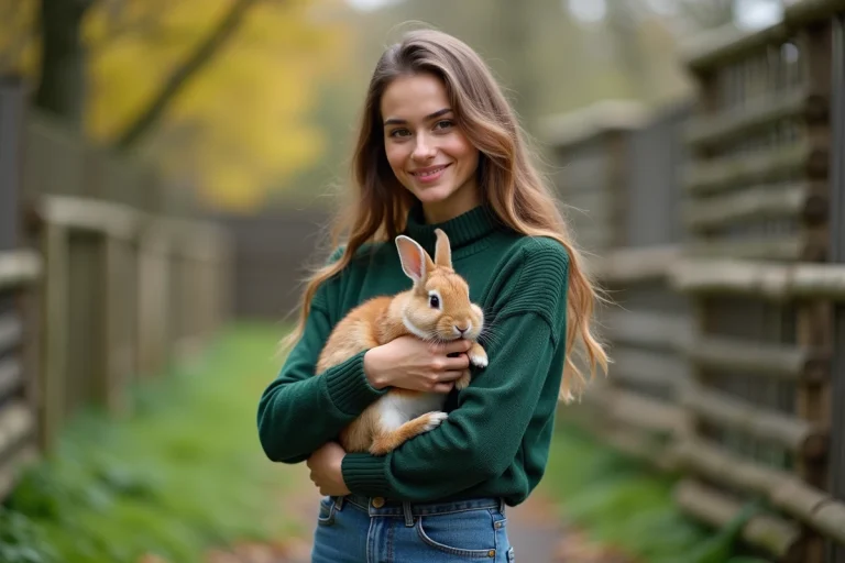 Jeune femme avec lapin dans un refuge animalier