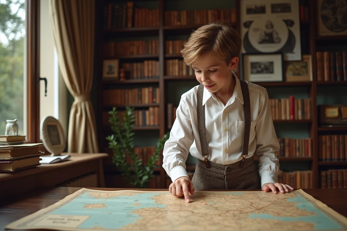 Garçon curieux regardant une vieille carte dans une bibliothèque