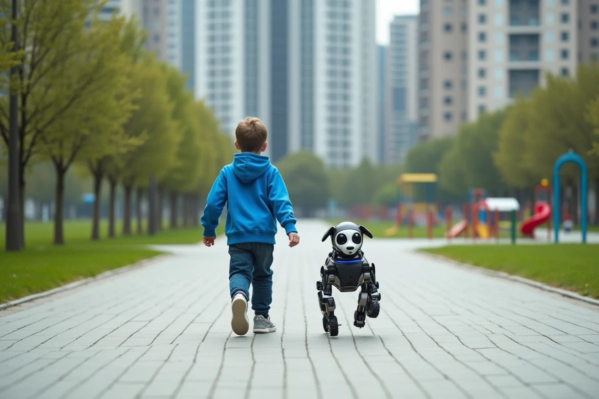 Jeune garçon courant avec un robot chien dans un parc urbain