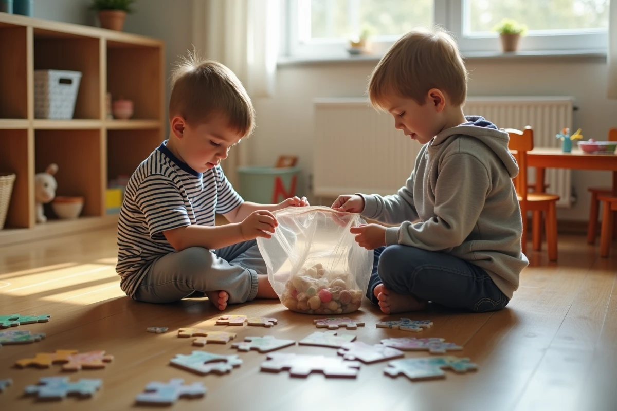 Deux garçons jouent avec des puzzles dans la salle de jeux