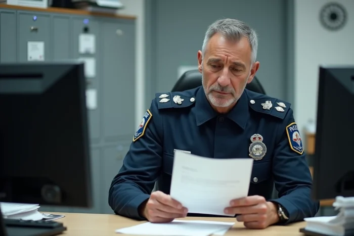 Gendarme lisant une lettre officielle d'affectation dans un bureau des ressources humaines de la gendarmerie nationale