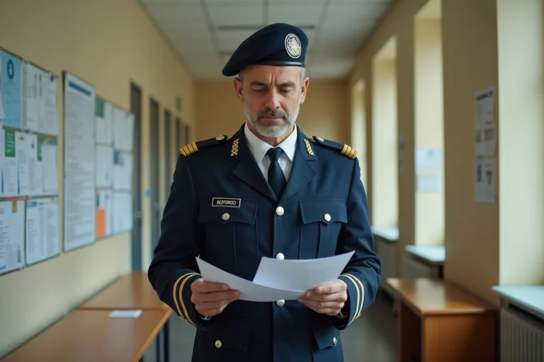 Gendarme en uniforme consultant des documents de demande de mutation dans un couloir administratif de gendarmerie