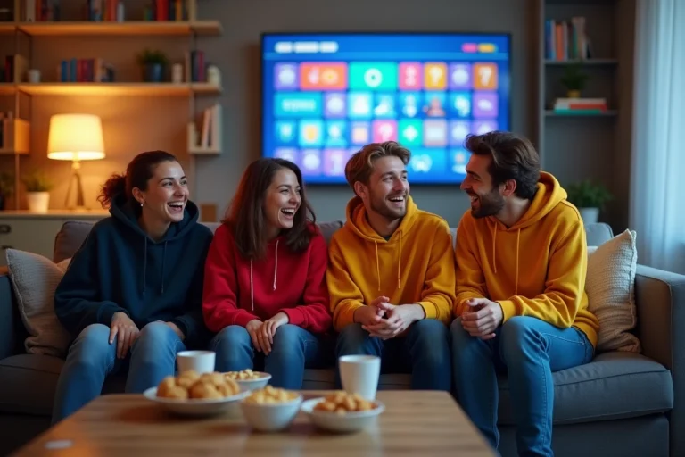 Groupe de jeunes adultes jouant ensemble à un jeu en ligne sur grand écran dans un salon moderne et convivial
