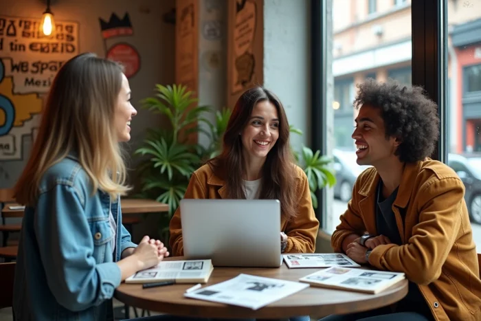 Groupe de créateurs discutant de culture indépendante autour de zines et d'un ordinateur dans un café urbain, symbolisant la presse culturelle alternative et la société créative