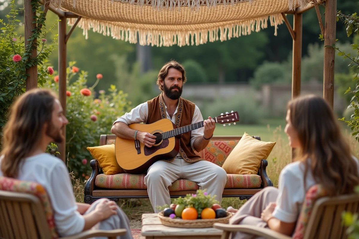 Groupe de personnes jouant de la musique dans un jardin bohème