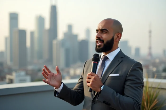 Animateur et entrepreneur tenant un microphone sur un rooftop urbain, posture dynamique et professionnelle