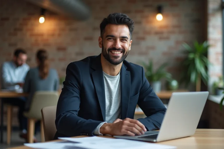 Portrait professionnel d'un entrepreneur et animateur d'origine marocaine dans un bureau moderne, style éditorial